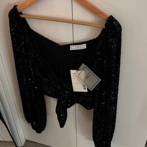 ITMFL Elegant Black Sequin New Years Holiday Crop Top